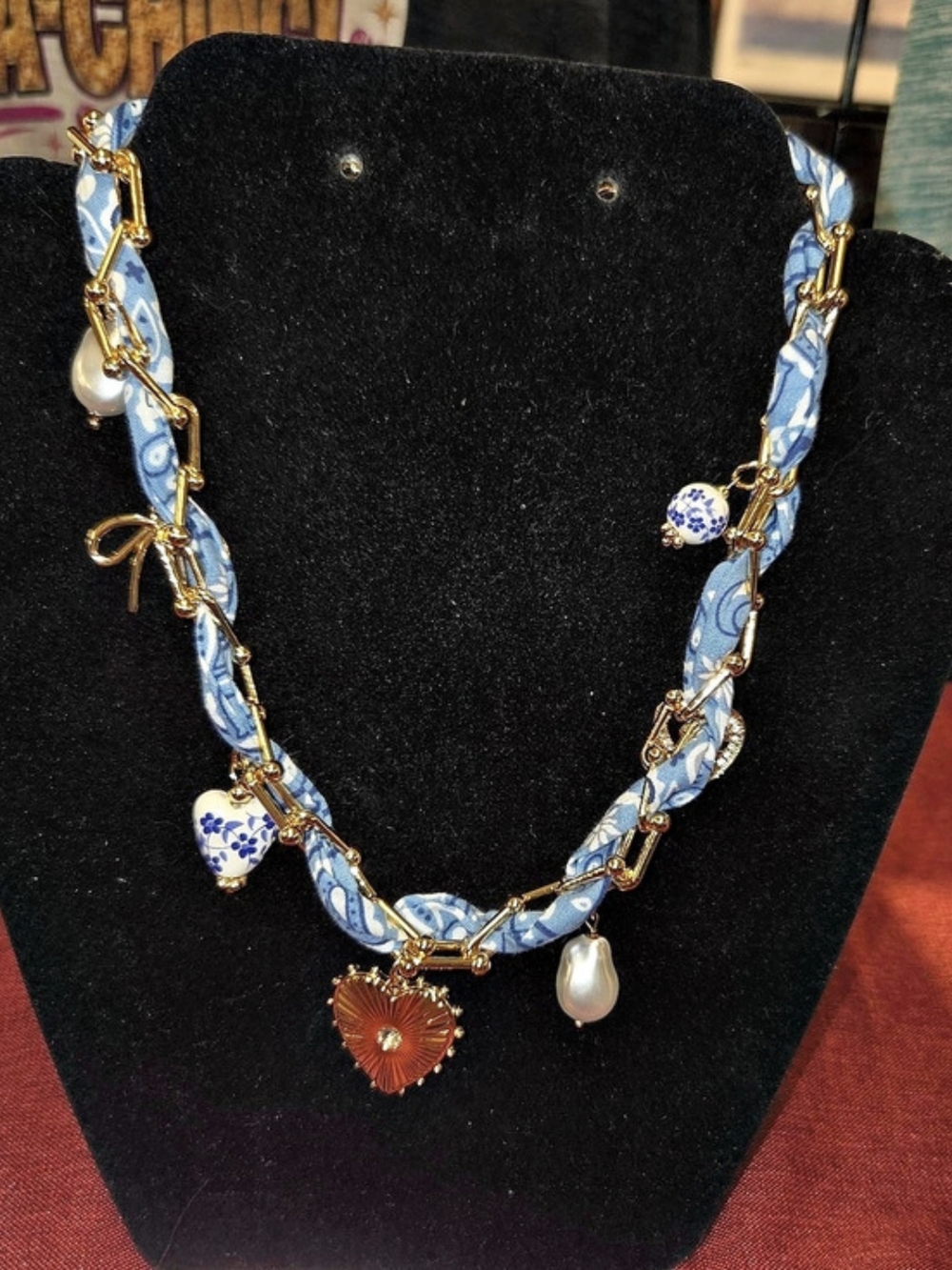 Park Lane Bandana Necklace Floral Charm Necklace & Blue Impression Earrings NWT